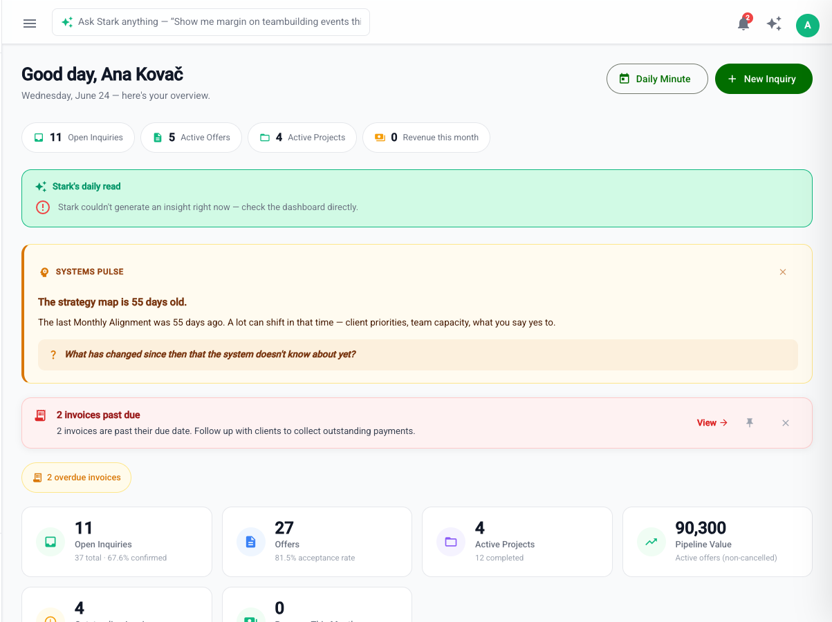 Craft11 dashboard showing active inquiries, offers, projects, and a Systems Pulse alert