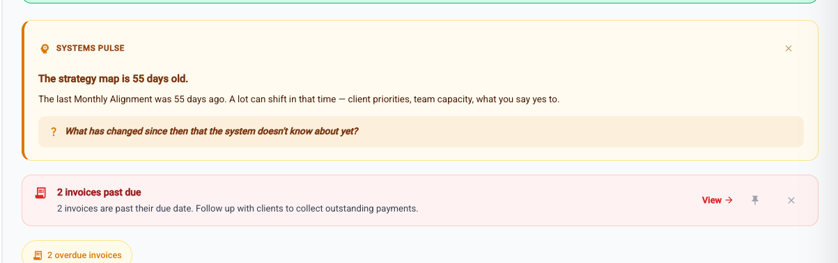 Craft11 dashboard showing a Systems Pulse alert about an overdue Monthly Alignment and a proactive invoice reminder