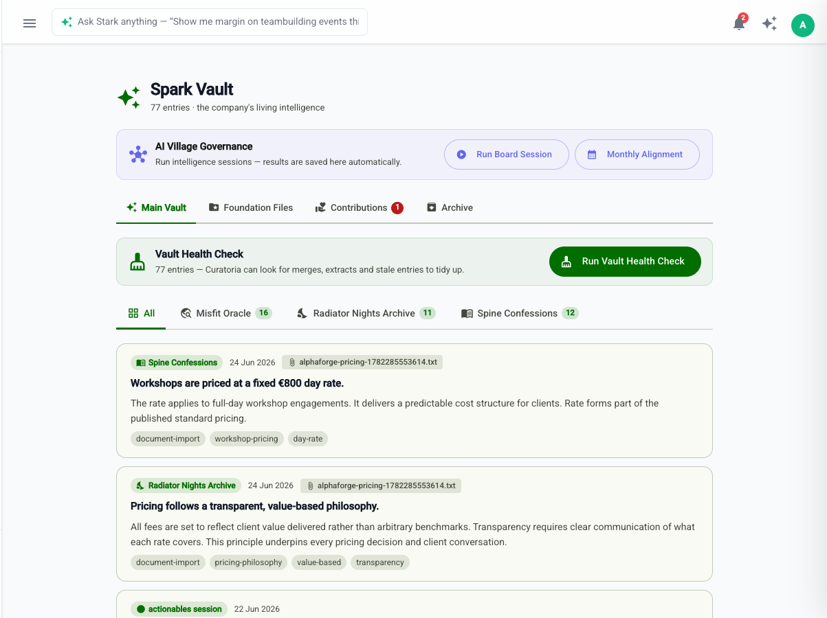 Craft11 Spark Vault showing real pricing philosophy entries, Curatoria health check, and Vault pillar tabs